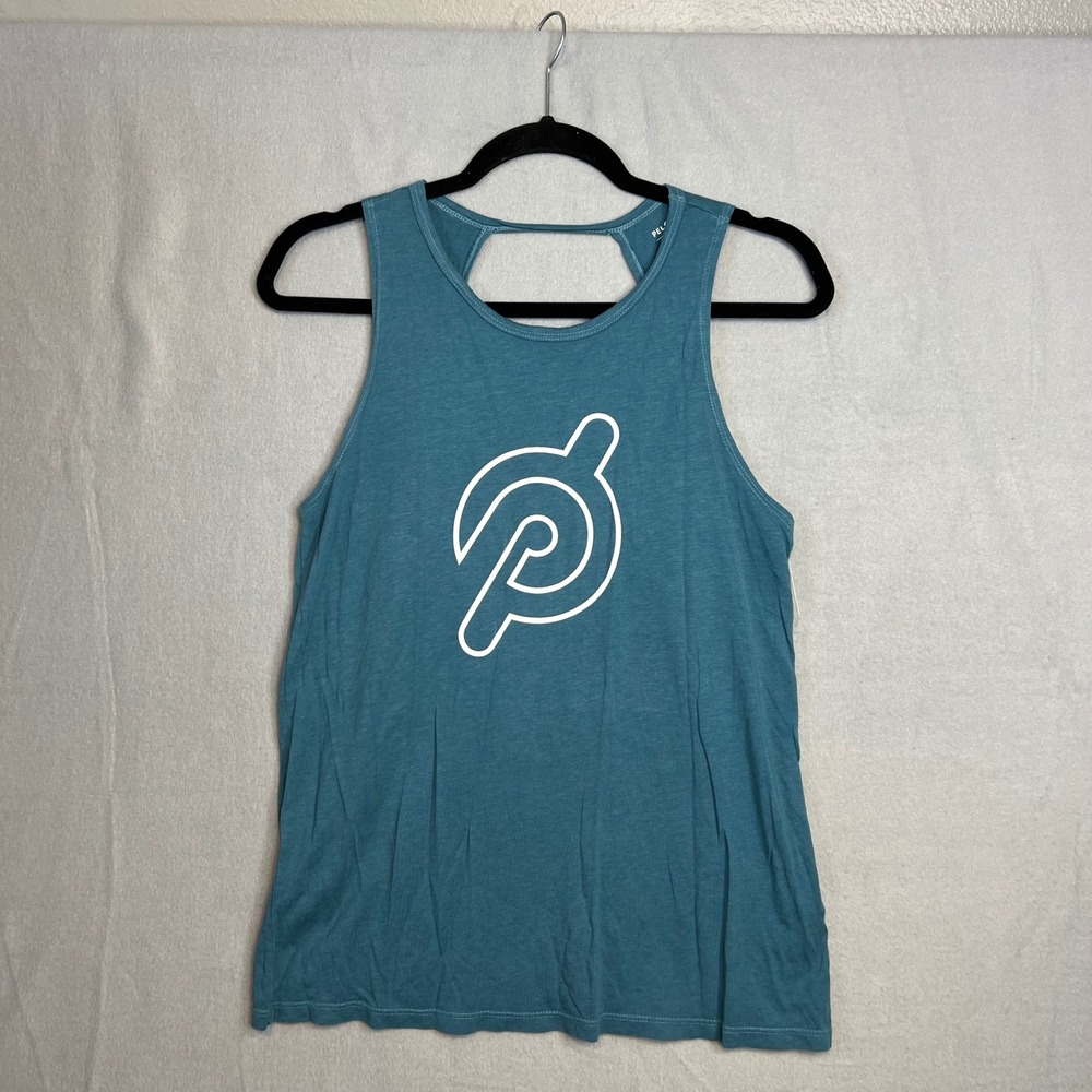 Peloton Tank Top Womens Size S Teal Blue Graphic Logo‎ Twisted Open Back NEW